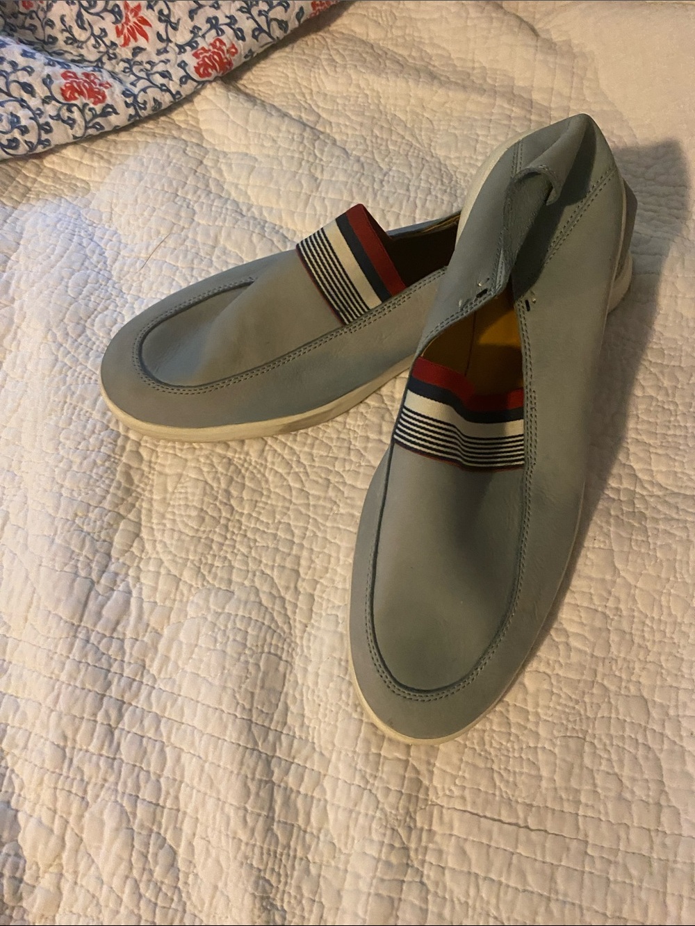 Sperry Light Blue Slip-On Loafers with Red & Navy Striped Elastic